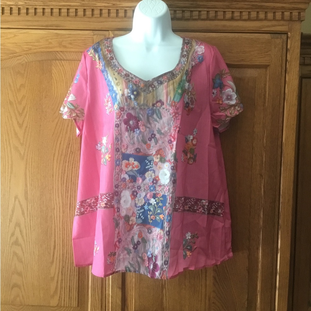 Pink Floral Mixed-Print Short Sleeve Top